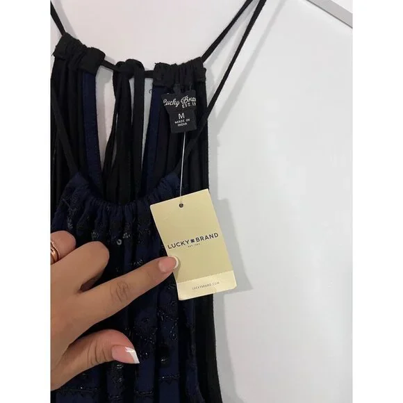 NWT Lucky Brand Blue/White Beaded‎ Embellished Halter Blouse Top Size M - Picture 5 of 8